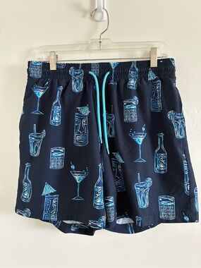 Caribbean Navy Swim Trunks with Turquoise Cocktail Print